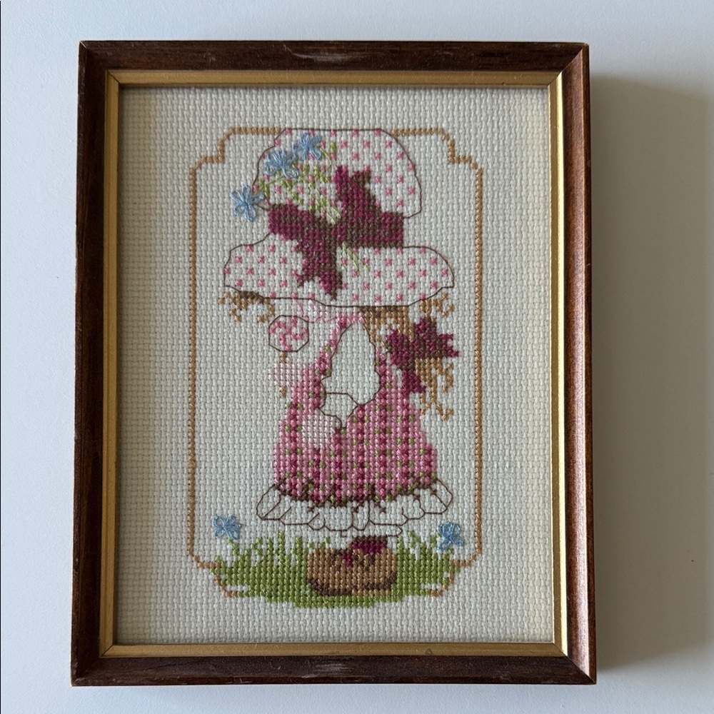 Framed Cross-Stitch Art with Floral Hat Design